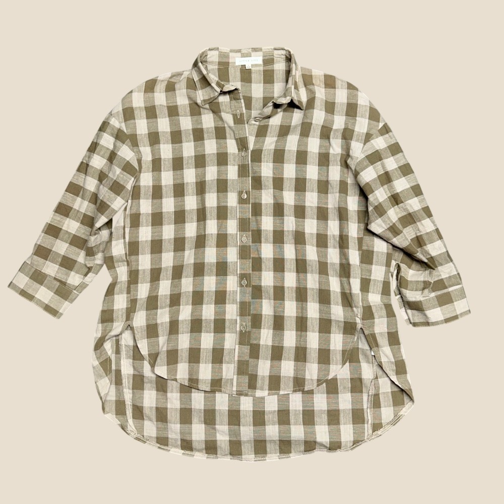 Anthropologie button up linen cotton gingham cottage garden hobbit granola check